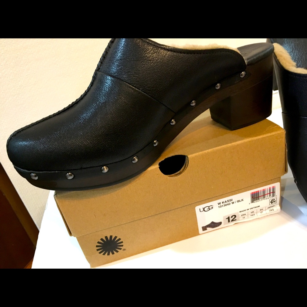 UGG kassi black leather clogs sz. 12 new with box